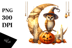 Owl Dressed for Halloween Sitting on Half Moon PNG Product Image 1