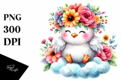 Cute Cartoon Baby Chicken on Cloud with Flower Crown PNG Product Image 1