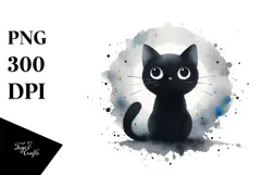 Funny Black Cat, Simple Watercolor PNG Product Image 1