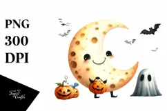 Funny Halloween Moon Watercolor Clipart Product Image 1