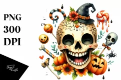 Funny Watercolor Wimsical Skull | Haloween Clipart Product Image 1