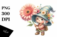 Watercolor Baby Gnome with Gerbera Floral Ornament PNG Product Image 1