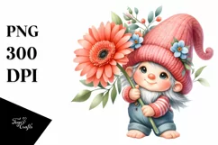 Watercolor Baby Gnome with Gerbera Floral Ornament PNG Product Image 1