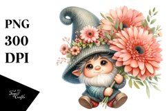 Watercolor Baby Gnome with Gerbera Floral Ornament PNG Product Image 1
