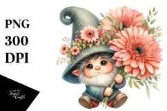 Watercolor Baby Gnome with Gerbera Floral Ornament PNG Product Image 1