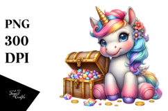 Baby Unicorn with Treasure Chest PNG Product Image 1
