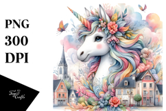 Baby Unicorn in Village Square, Watercolor PNG Product Image 1