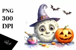 Funny Halloween Moon Watercolor PNG Product Image 3