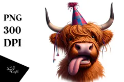 Playful Highland Cow with Party Hat PNG Product Image 1