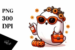 Cute Ghost with Sunglasses and Purse Holding Soda PNG Product Image 1