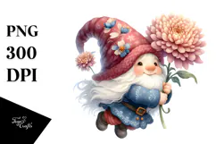 Floating Gnome with Chrysanthemum, Whimsical PNG Product Image 1