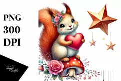 Colorful Watercolor Squirrel on Star, PNG. Product Image 1