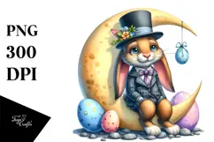 Goofy Bunny with Suit and Flower Hat on Half Moon PNG Product Image 1