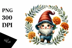 Watercolor Baby Gnome with Marigold Floral Frame PNG Product Image 1
