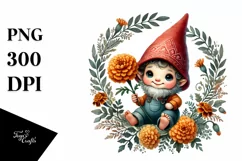 Watercolor Baby Gnome with Marigold Floral Frame PNG Product Image 1