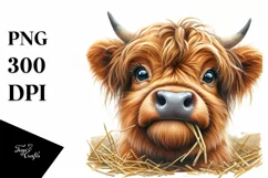 Highland Cow Portrait Watercolor PNG Product Image 1