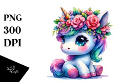 Cute Unicorn with Floral Wreath, PNG Product Image 1