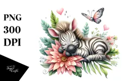 Whimsical Baby Zebra Sleeping on Flower PNG Product Image 1