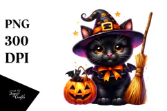Vibrant Halloween Black Cat Broom | Clipart Product Image 1