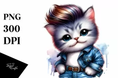 Posing Cat in Jeans, Vibrant Watercolor PNG Product Image 3