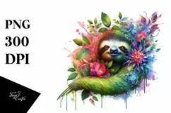 Abstract Vibrant Plant Leaves and 3D Flowers Sloth Frame PNG Product Image 1
