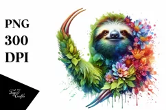 Abstract Vibrant Plant Leaves and 3D Flowers Sloth Frame PNG Product Image 3