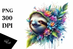 Abstract Vibrant Plant Leaves and 3D Flowers Sloth Frame PNG Product Image 1