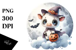 Washed Watercolor Cow on Halloween Moon PNG Product Image 1