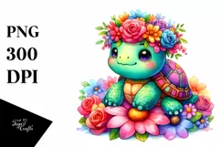 Colorful Flower Crown Turtle PNG Product Image 3