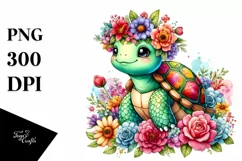 Colorful Flower Crown Turtle PNG Product Image 1