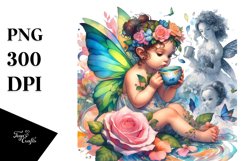 Baby Fairy Sipping Tea, Watercolor PNG Product Image 1
