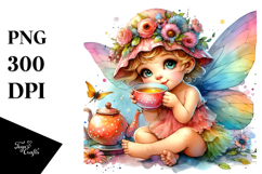 Baby Fairy Sipping Tea, Watercolor PNG Product Image 1