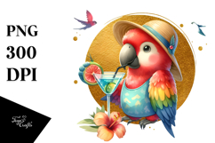 Cute Parrot in Beachwear Drinking a Cocktail, PNG Product Image 1