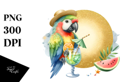 Cute Parrot in Beachwear Drinking a Cocktail, PNG Product Image 1