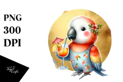 Cute Parrot in Beachwear Drinking a Cocktail, PNG Product Image 1