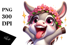Cute Cartoon Donkey with Flower Crown, Transparent PNG Product Image 1
