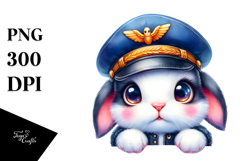 Vibrant Watercolor Baby Rabbit in Pilot&#039;s Cap PNG Product Image 1