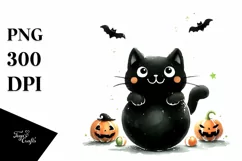 Funny Halloween Black Cat Watercolor PNG Product Image 3