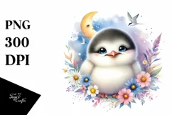 Colorful Baby Arctic Tern under Moon and Flowers | Clipart Product Image 3