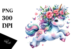 Vibrant Running Baby Unicorn with Floral Wreath PNG Product Image 1