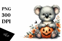 Cute Baby Koala Holding Halloween Pumpkin PNG Product Image 1