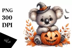 Cute Baby Koala Holding Halloween Pumpkin PNG Product Image 3