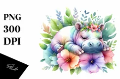 Colorful Baby Hippo Sleeping | Watercolor Flower Sticker Product Image 3