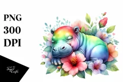 Colorful Baby Hippo Sleeping | Watercolor Flower Sticker Product Image 1