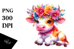 Colorful Cow with Flower Crown PNG Product Image 1