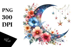 Vibrant Moon with Stars and Flowers PNG Product Image 1