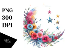 Vibrant Moon with Stars and Flowers PNG Product Image 1