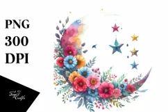 Vibrant Moon with Stars and Flowers PNG Product Image 3