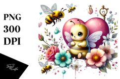 Colorful Baby Bee Behind Big Heart PNG Product Image 1