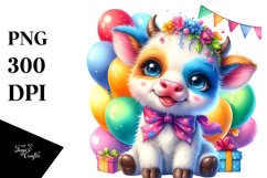 Colorful Smiling Baby Cow Cub with Party Balloons | Product Image 3